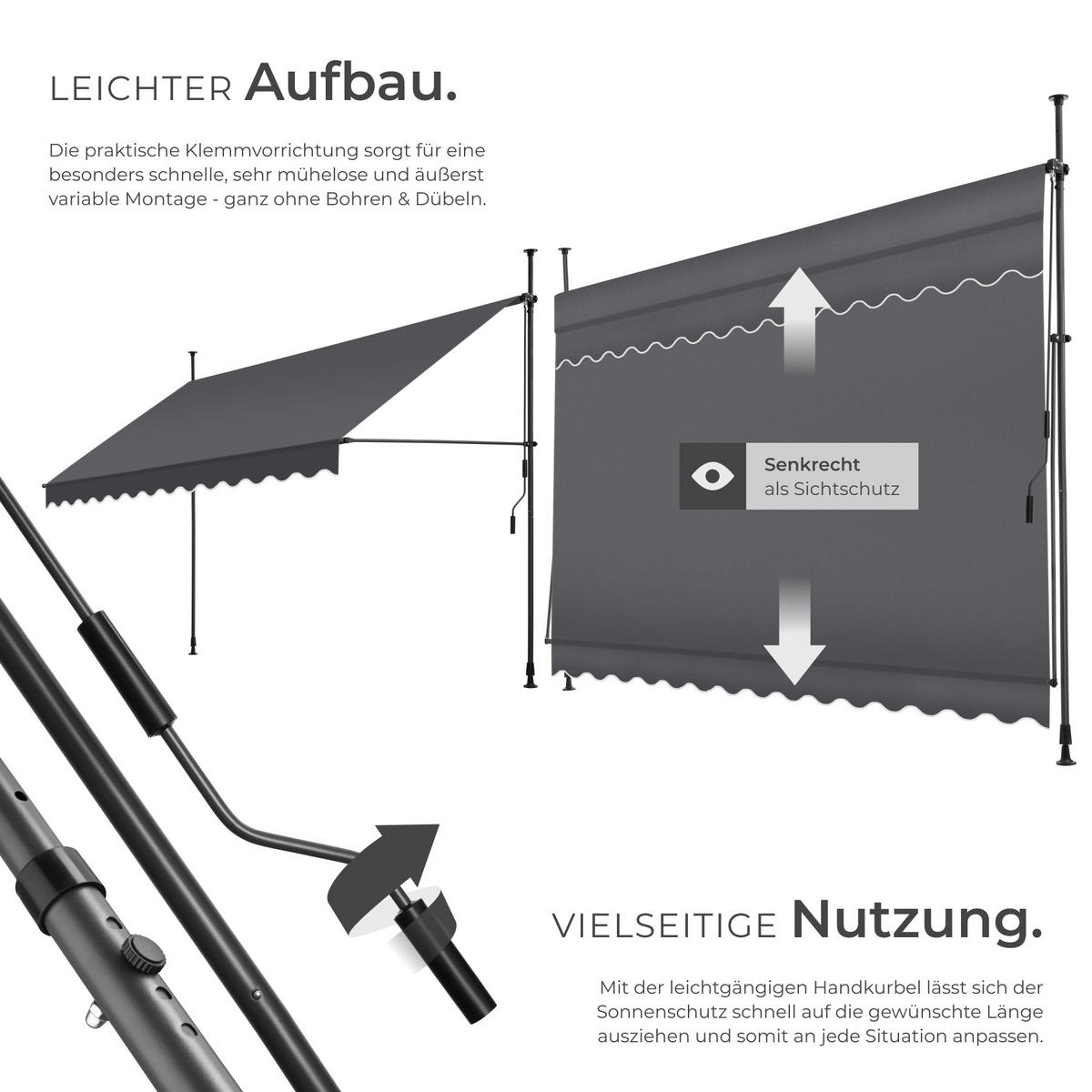 KLEMMMARKISE ,einfache Montage,schwarz/grau - Schwarz/Grau, Kunststoff (350/304/180cm) - tectake
