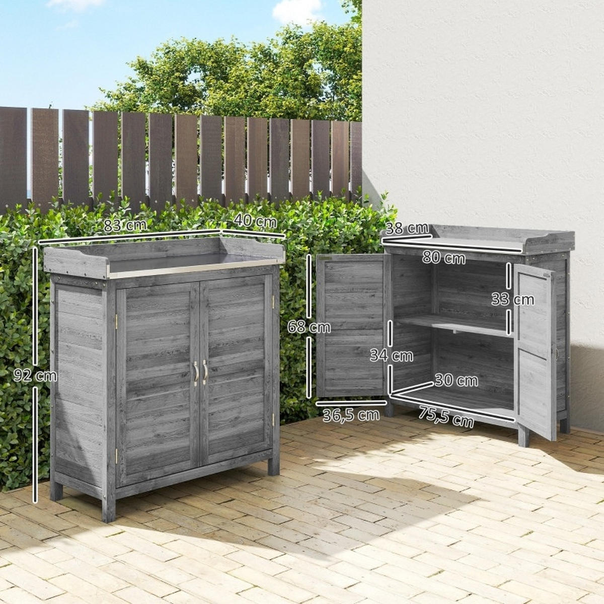 GARTENSCHRANK aus Metall & Holz 40x83x92cm in Grau mit Pflanztisch - Grau, Holz (40/92/83cm) - Modfu
