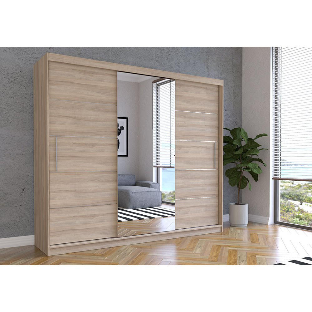 SCHWEBETÜRENSCHRANK Alba Sonoma Eiche/Sonoma Eiche + Spiegel, ohne LED Beleuchtung 250 cm - Alufarben/Sonoma Eiche, Glas/Holzwerkstoff (250/218/61cm) - imoebel24