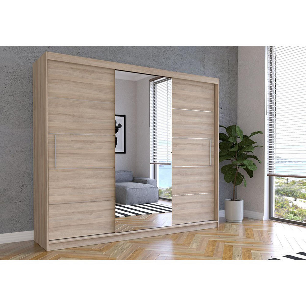 SCHWEBETÜRENSCHRANK Alba Sonoma/Sonoma + Spiegel mit LED Beleuchtung 250cm - Alufarben/Sonoma Eiche, Glas/Holzwerkstoff (250/218/61cm) - imoebel24