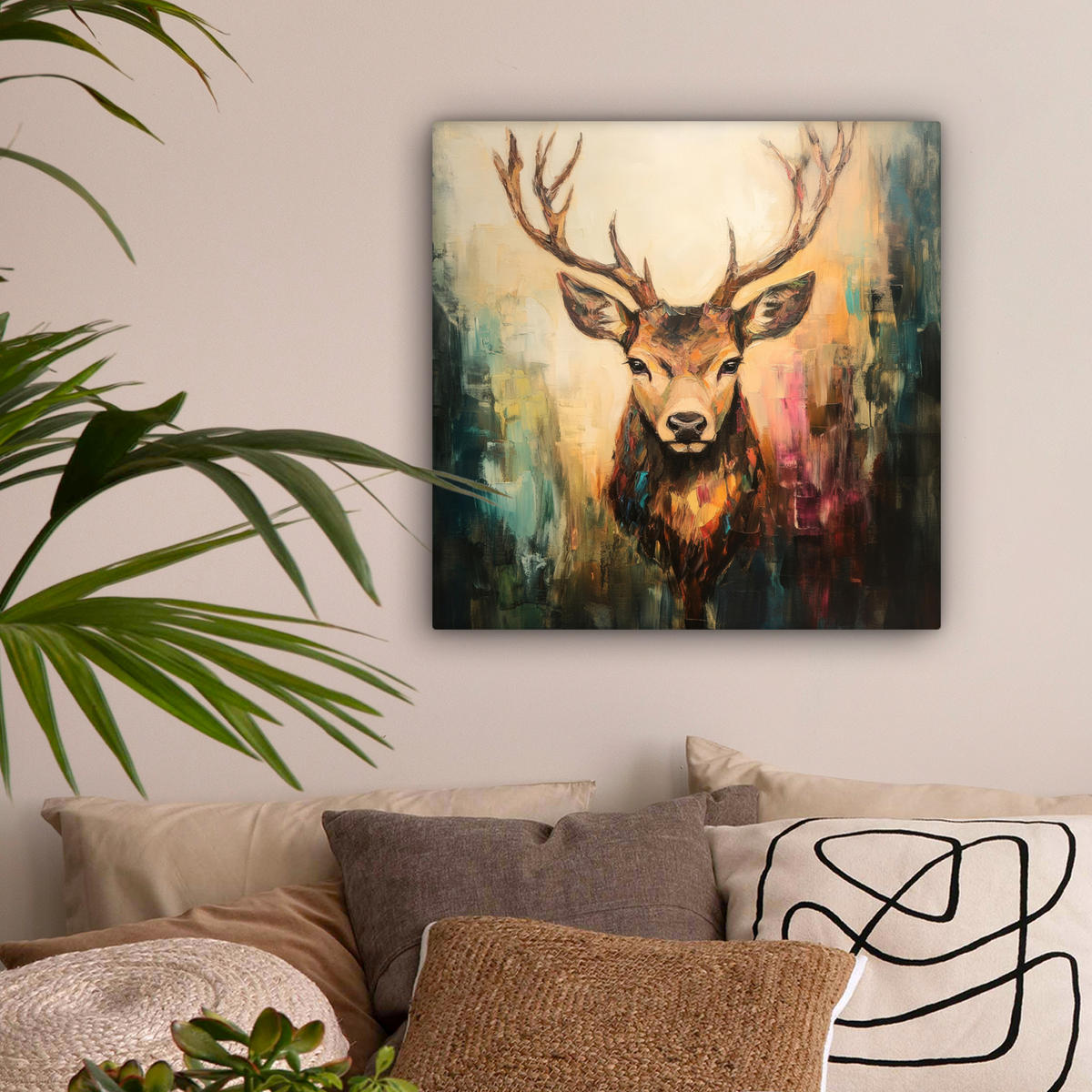 LEINWANDBILD Hirsch - Gemalt - Geweih - Braun 50x50 cm - Haselnussfarben, Textil (50/50cm) - MuchoWow