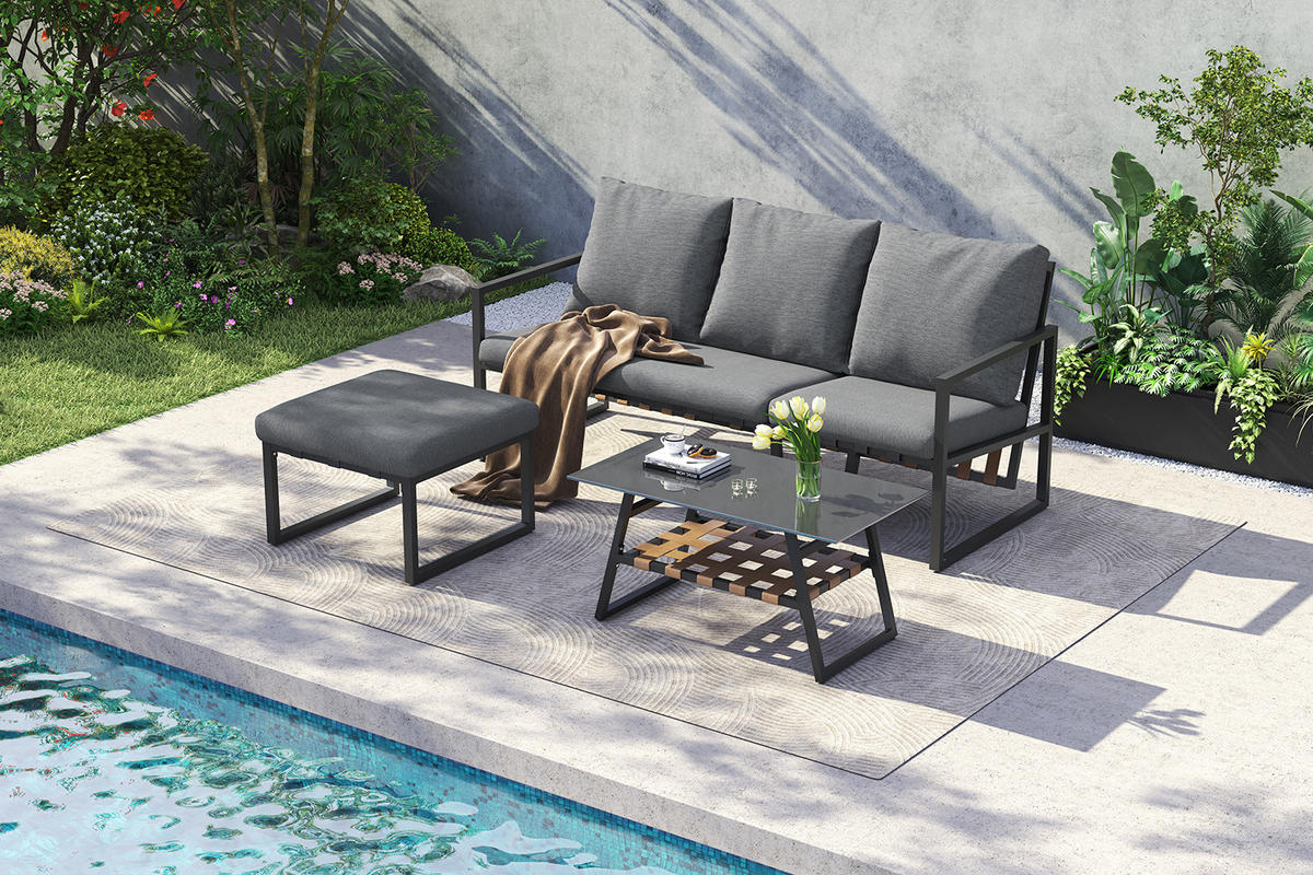 GARTENMÖBEL-SET 183/74/79 cm grau aus Polyester und verzinktem Stahl mit Couchtisch und Fußhocker - Grau, Textil - OKWISH