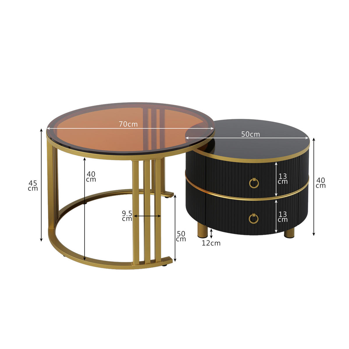 COUCHTISCH-SET 70/70/45 + 50/50/40 cm mit 2 Schubladen, Glas und Hochglanz - Schwarz, Holzwerkstoff (70/70/45cm) - Flora Grace