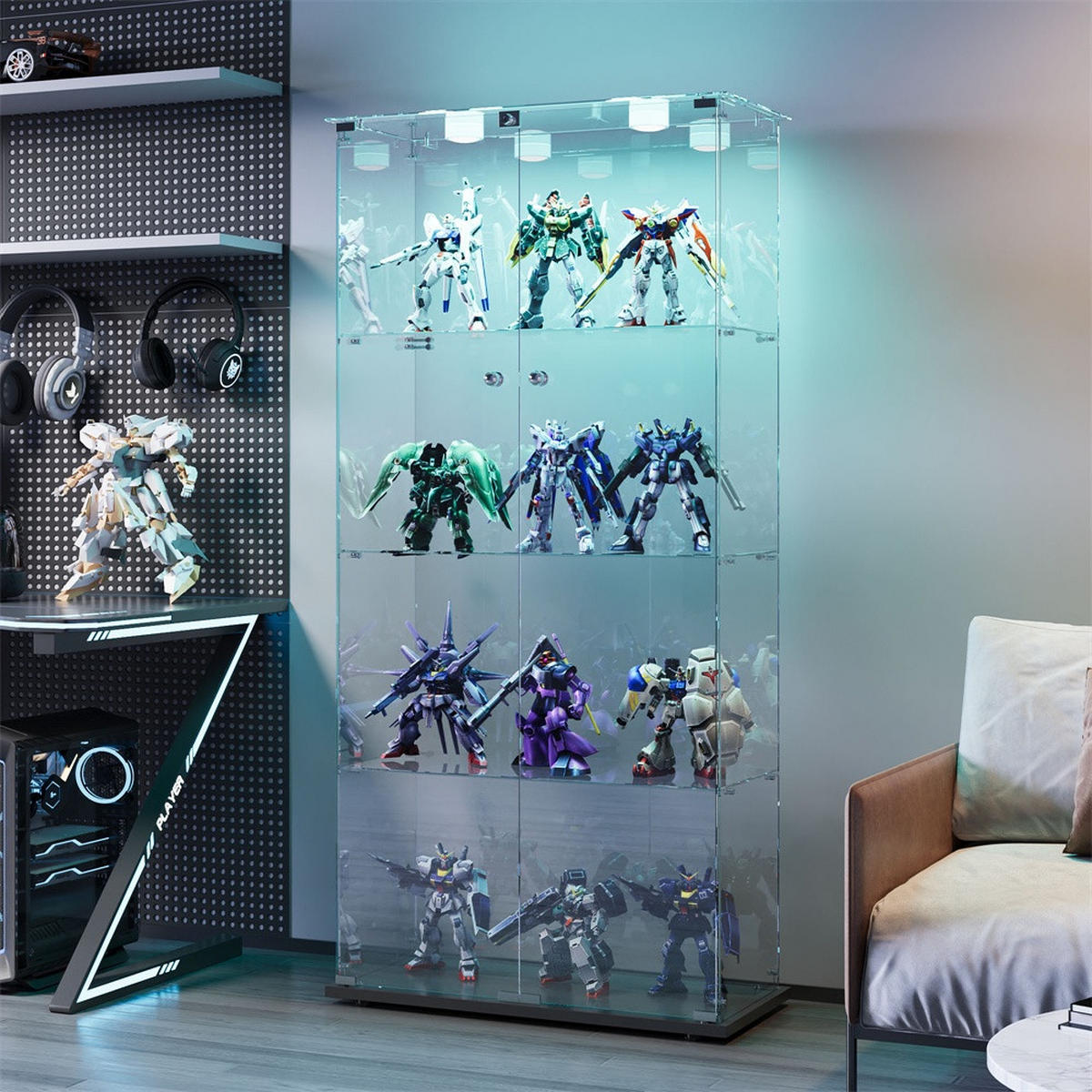 VITRINE - Glasvitrine mit 2 Türen und 4 Ebenen - integrierte LED-Spot-Beleuchtung - Schwarz - Schwarz, Glas (78.5/163/35cm) - DELFA