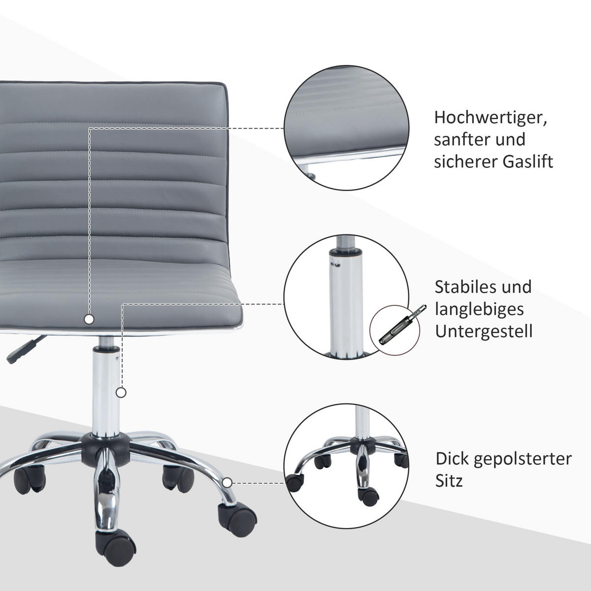 BÜROSTUHL mit Rückenlehne, Hellgrau - Hellgrau, Metall (48/90/52cm) - HOMCOM
