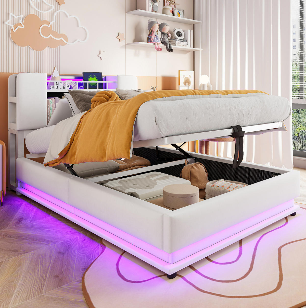 DETSKÁ čalúnená posteľ z MDF a kovu 90x200 cm béžová s LED osvetlením, USB portom a hydraulickým úložným priestorom - béžová, textil (90/200cm) - Modfu
