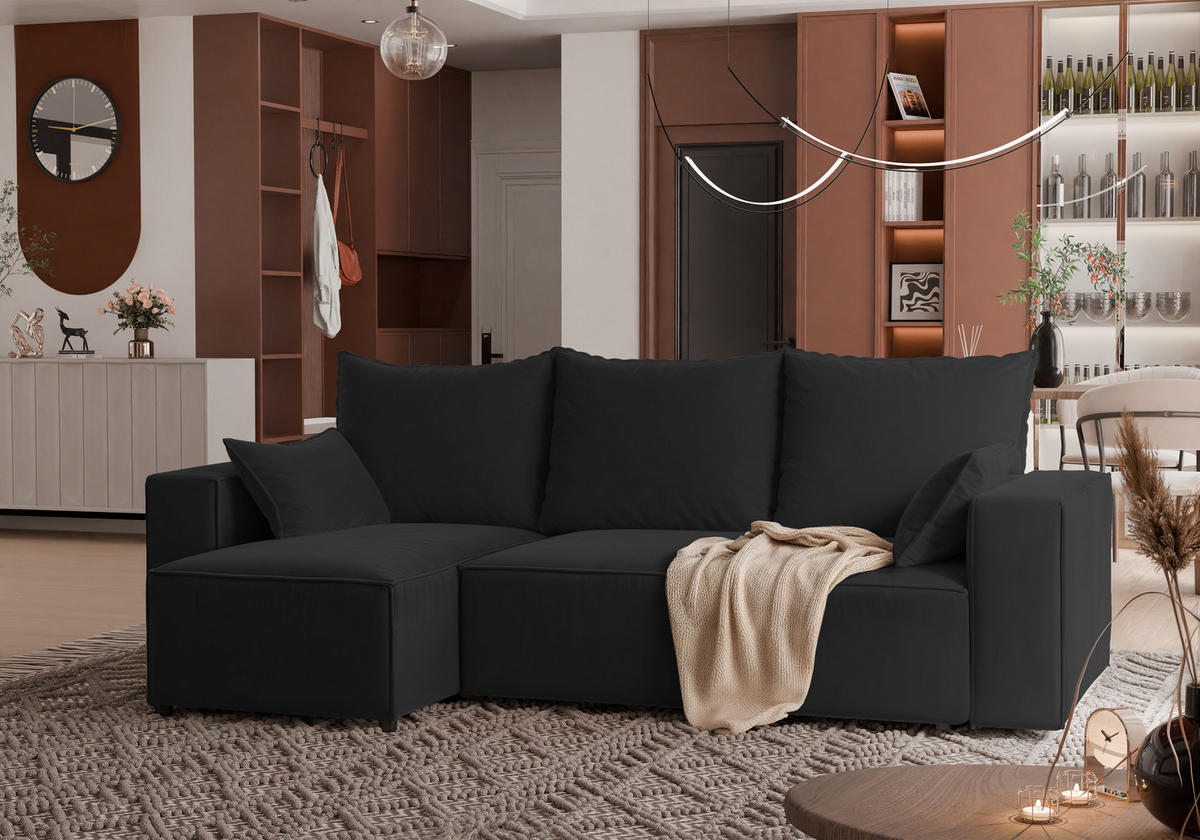 ECKSOFA Tobi mit Bettkasten und Schlaffunktion, L-Form, Velourstoff, Universal - Schwarz, Holzwerkstoff (246/145cm) - 4ALL HOME