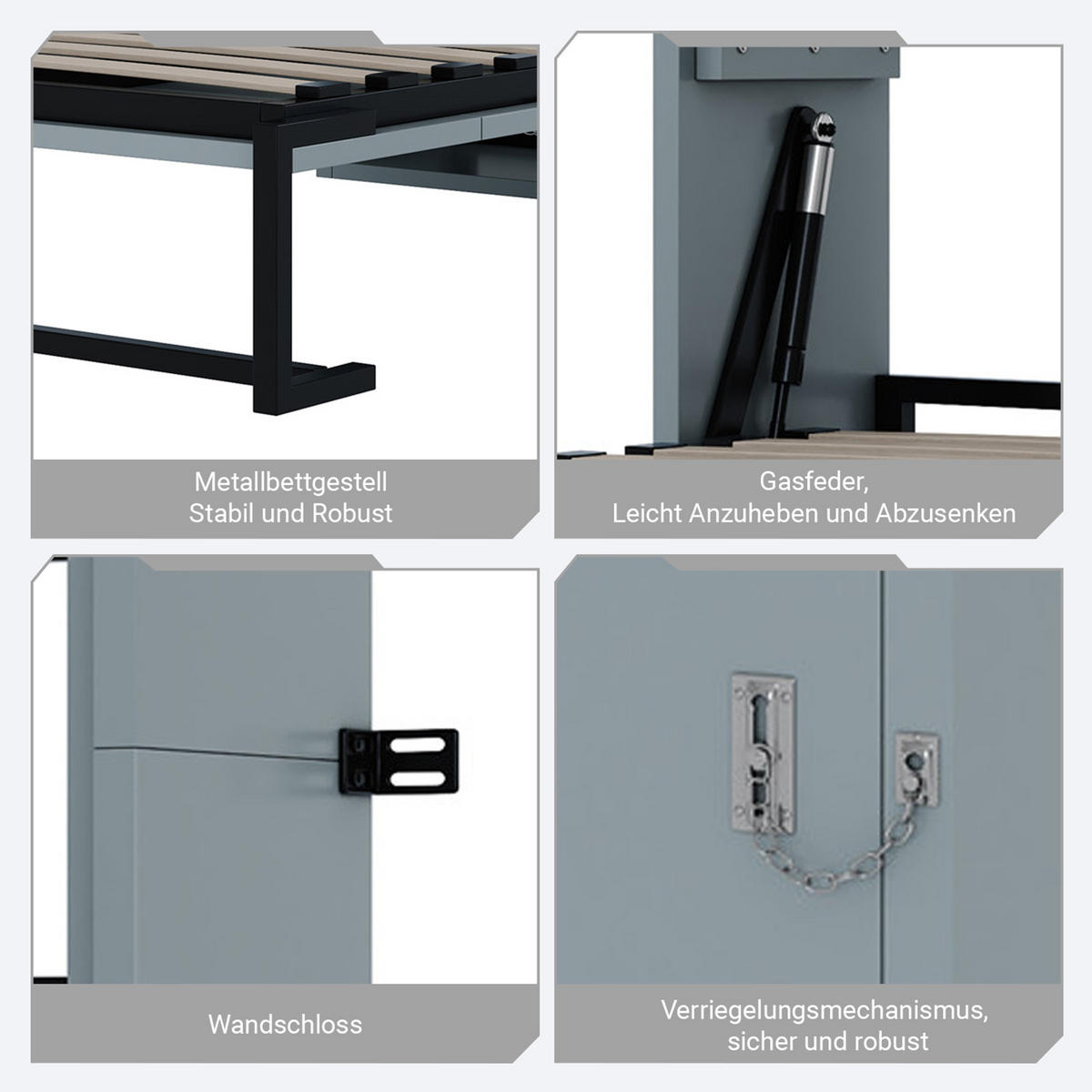 KLAPPBETT 90/200 cm in Grau aus Metall und Holz mit Wandverriegelung - Grau, Holzwerkstoff/Metall (90/200cm) - WISHDOR