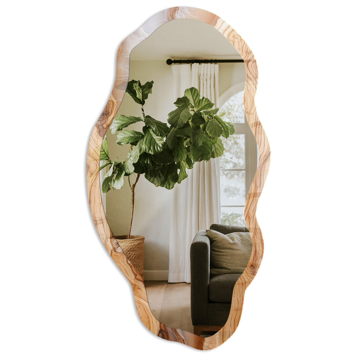 SPIEGEL 90x45 cm asymmetrisch mit Druck - Holzmuster - Transparent, Glas (45/90/0.4cm) - TULUP