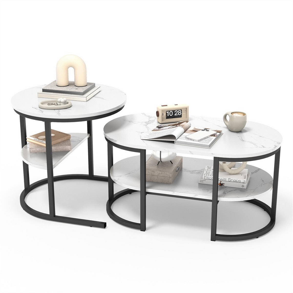 COUCHTISCH 2er-Set - Ovaler und Runder Couchtisch in Marmoroptik mit Ablage - Weiß und Schwarz - Schwarz, Holzwerkstoff (46/80/41cm) - DELFA