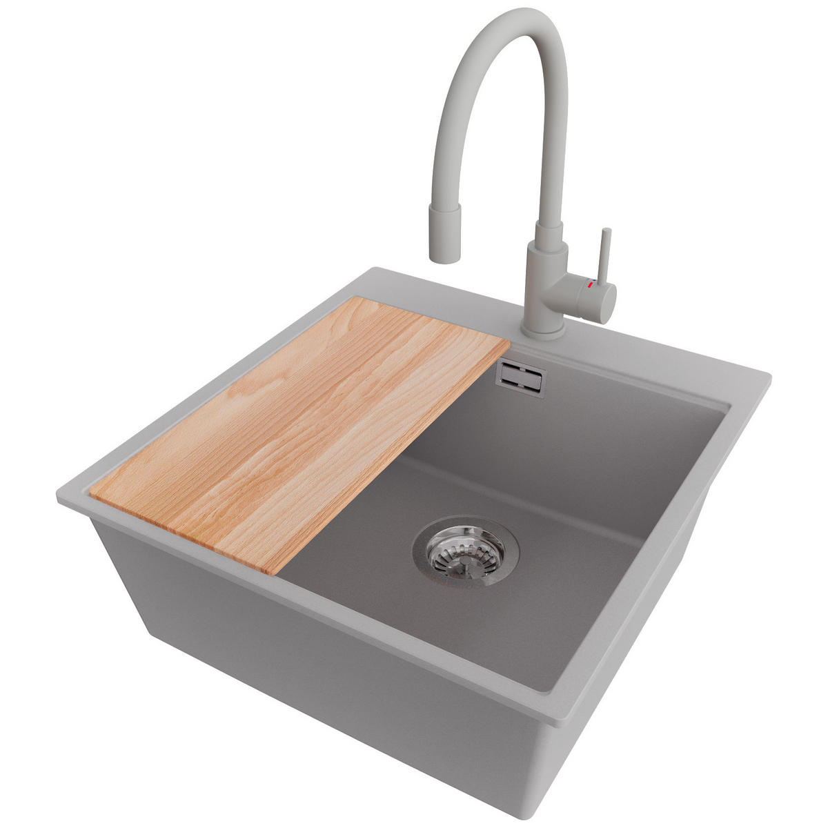 GRANITSPÜLE Oslo, 2-er set Grau 48/50 cm 1 Becken + Küchenarmatur 38/14 cm + Ablauf-Set + Schneidebrett ab 50er Unterschrank - Chromfarben/Beige, Kunststoff (48/20/50cm) - Primagran