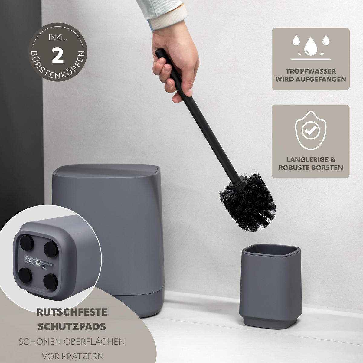 BAD-ACCESSOIRES-SET VALONA 5tlg., grau, Kunststoff - Grau, Kunststoff (21/25.5/21cm) - eluno