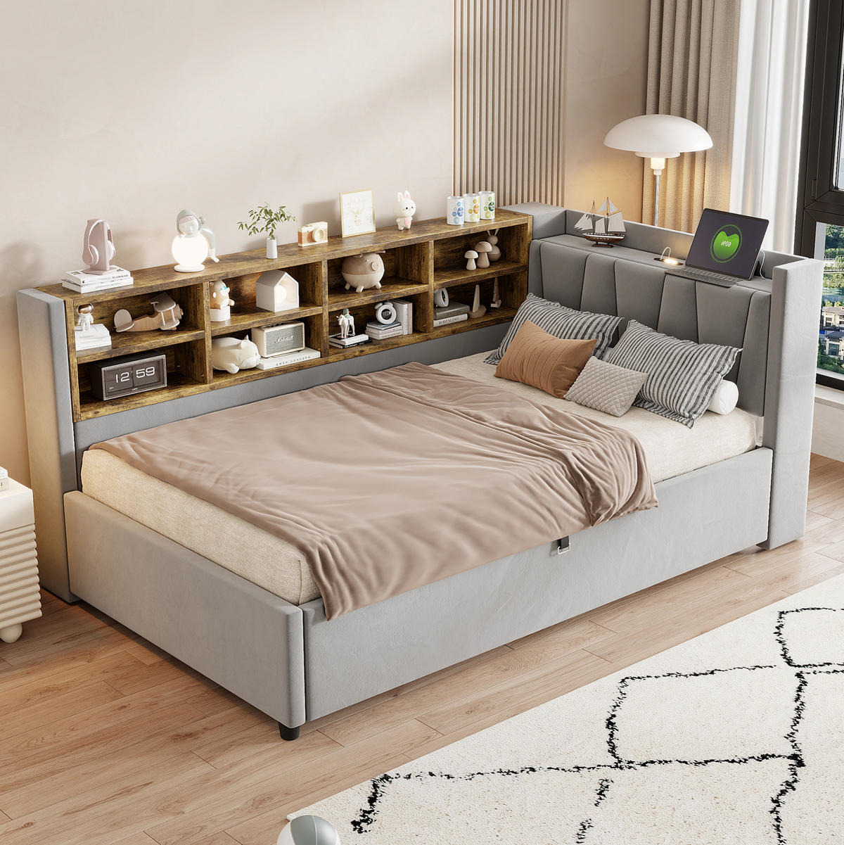 POLSTERBETT 90/200 cm Hellgrau aus Samt mit Stauraum - Hellgrau, Textil (90/200cm) - OKMYHOME