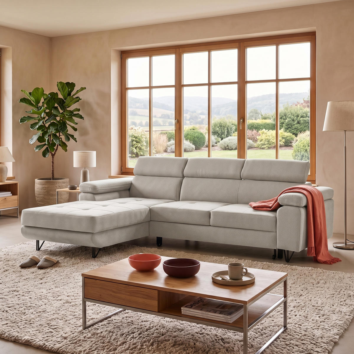 ECKSOFA NORIS L Links mit Schlaffunktion 128x203 Velours Beige - Beige/Schwarz, Holz/Textil (250/183cm) - Muffo