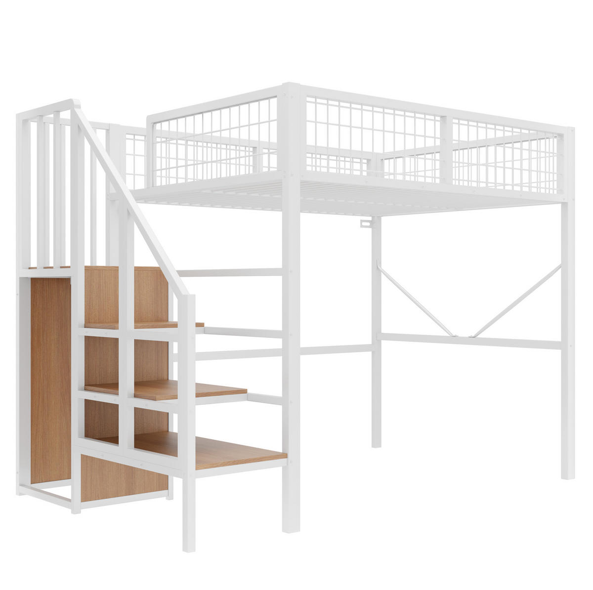 HOCHBETT aus Metall und Holz 140x200 cm Weiß mit Stauraumleiter, Kleiderstange und LED-Beleuchtung - Weiß, Metall (140/200cm) - Modfu