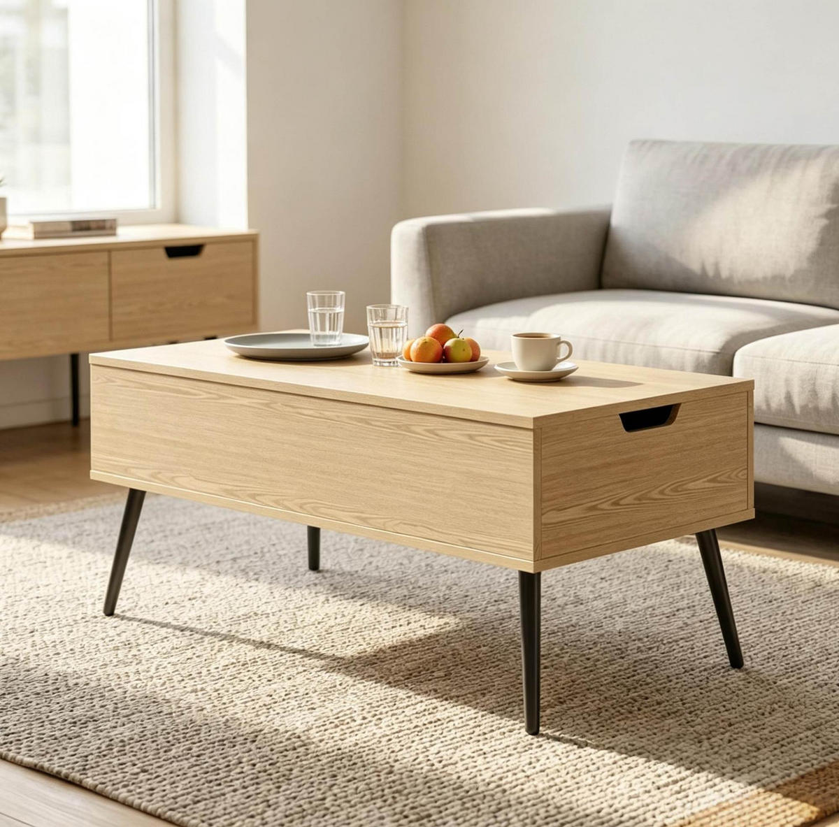 COUCHTISCH aus Spanplatte 100x50x43,6 cm Naturholz-Optik/Schwarz mit höhenverstellbarer Tischplatte - Schwarz, Metall (100/50/58cm) - IVMEU