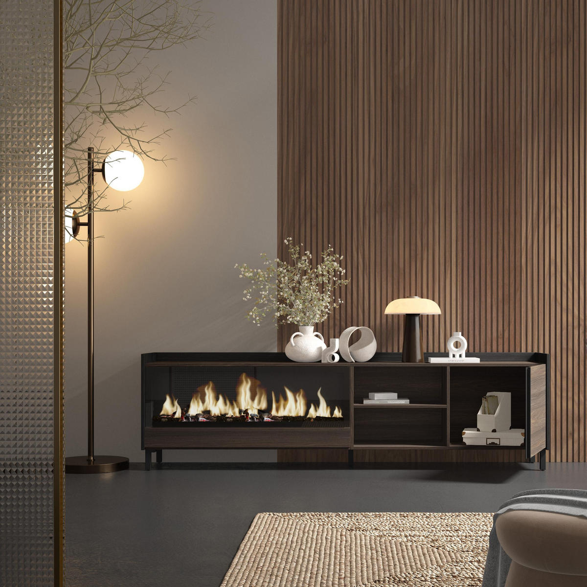 LOWBOARD, Eiche und Schwarz, 212/35/61cm, Kamin mit Feuereffekt XXL - Dunkelbraun, Holzwerkstoff (212/61/35cm) - Skraut Home