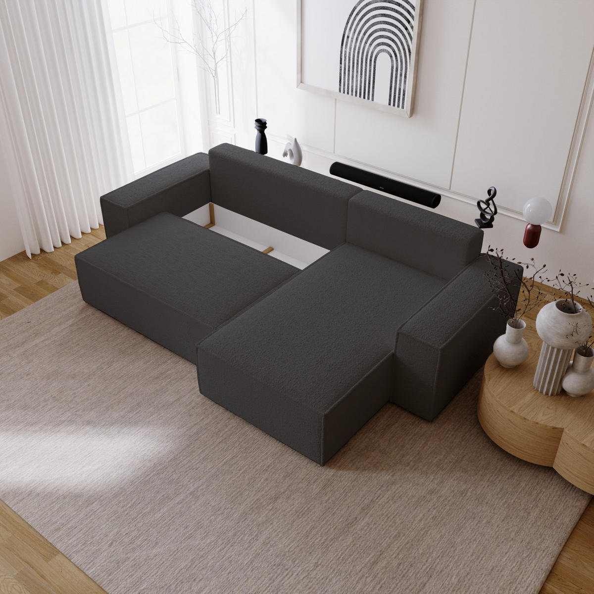 ECKSOFA Bouclé 280 cm Bergamo L mit Bettkasten, Schlaffunktion, Rechts - Schwarz - Schwarz, Holz (189/277cm) - Emporius