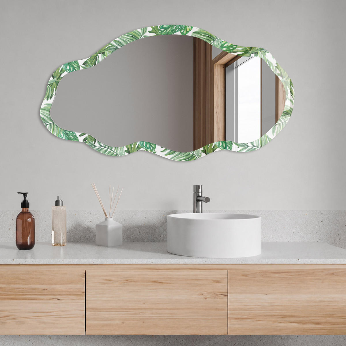 SPIEGEL 90x45 cm asymmetrisch mit Druck - Tropische Blätter - Transparent, Glas (45/90/0.4cm) - TULUP