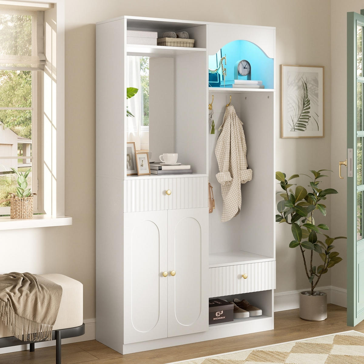KÜCHENSCHRANK mit Spiegel und Sitzbank, MIT APP-GESTEUERTER LED-BELEUCHTUNG, MDF Weiß, modernes Flurmöbel Set, 100/180/35 cm - Weiß, Kunststoff (35/180/100cm) - Rolipo