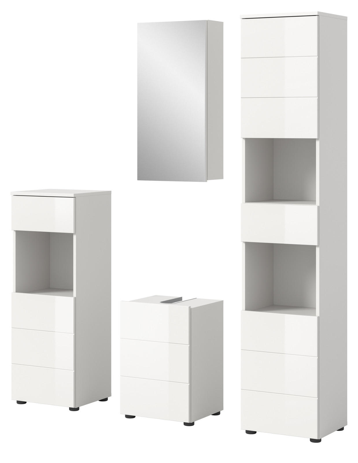 BADMÖBEL Set 4-teilig weiß Hochglanz 144 cm, Badschränke mit viel Stauraum - Weiß Hochglanz/Schwarz, Glas/Holzwerkstoff (144/190/34cm) - Inn.Furn