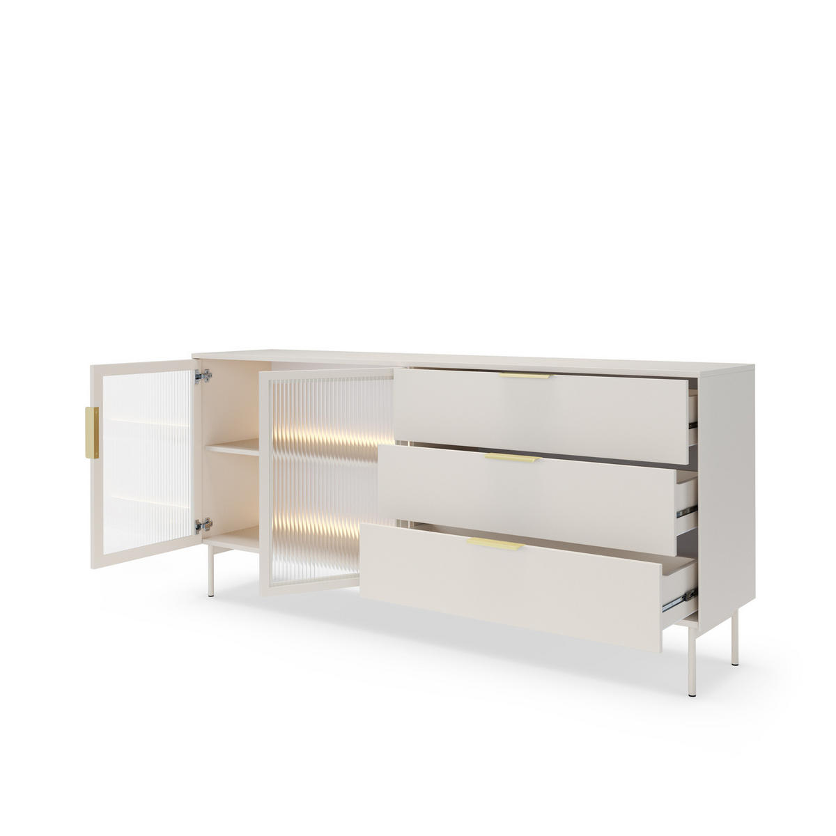 SIDEBOARD LUMI 181 cm Kaschmir - mit 2 Glastüren (links) und 3 Schubladen (rechts) - Kaschmir/Goldfarben, Holz/Holzwerkstoff (181/83/39cm) - Ravio