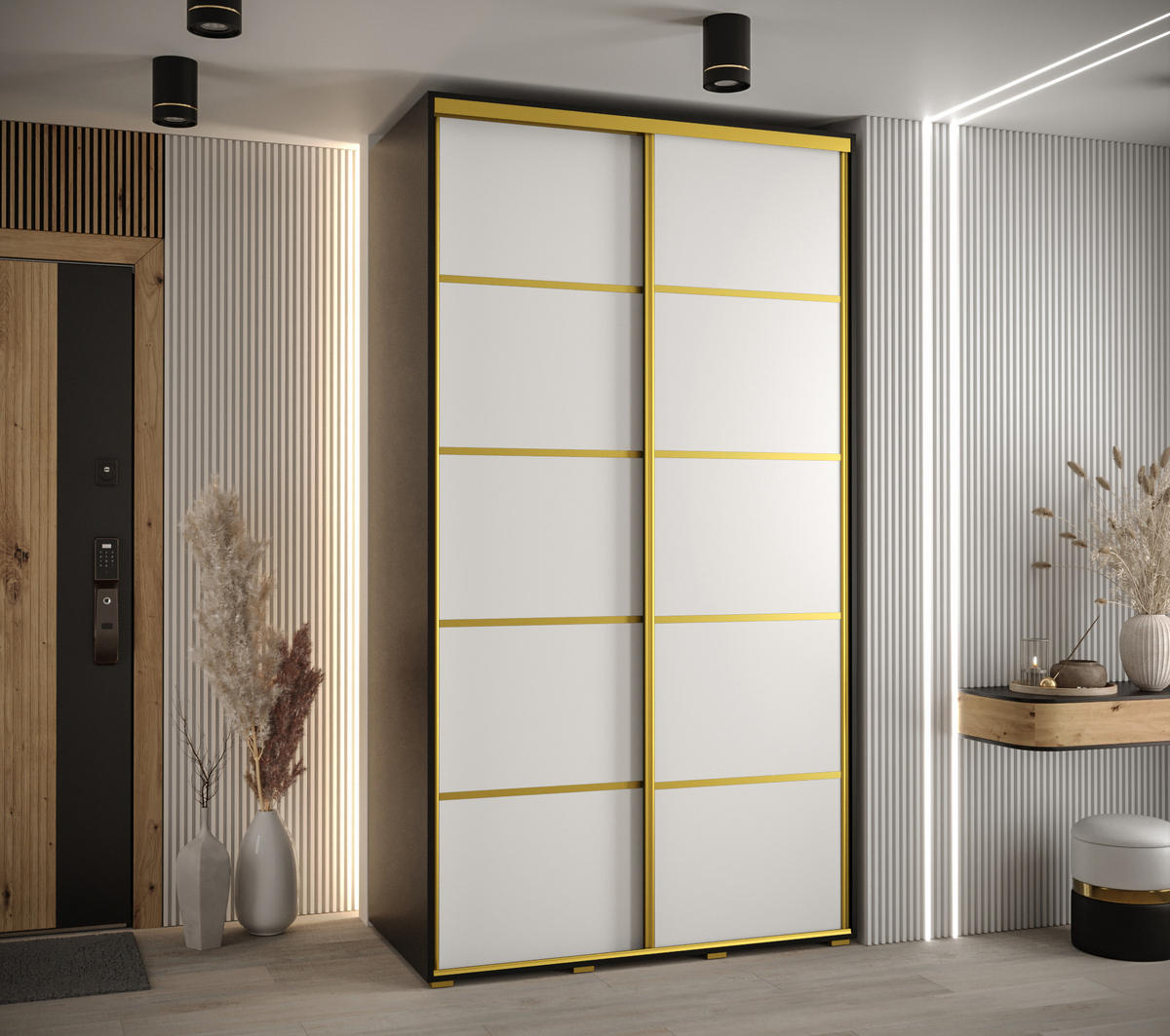 SCHWEBETÜRENSCHRANK 235,2/140/45 2-türig - Goldfarben/Schwarz, Holz/Metall (140/235/45cm) - Abiks Möbel