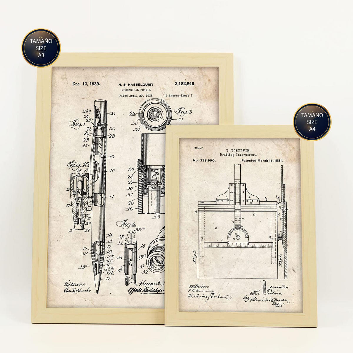 POSTER Set Mit 6 Mit Messwerkzeug Patenten Im Vintage Stil A3 & A4 Rahmen Aus Hellem Holz - Beige, Papier (29/3cm) - Nacnic