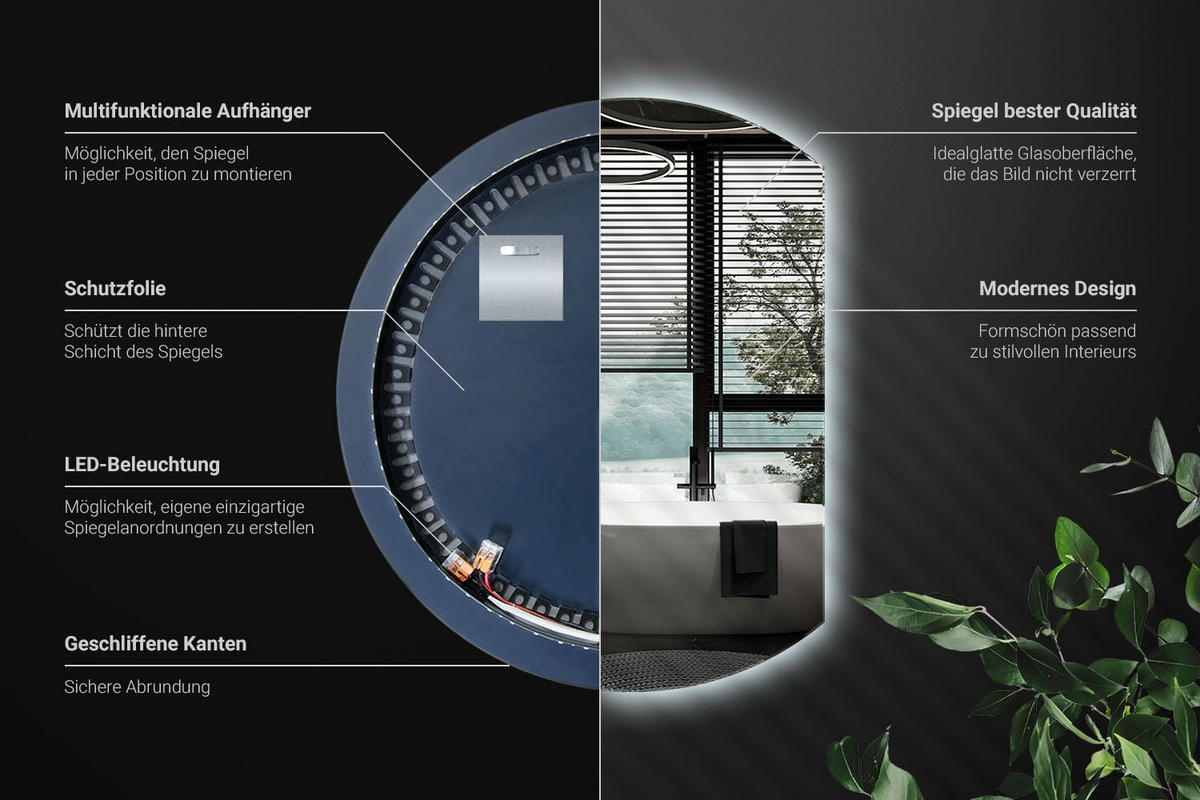 LED SPIEGEL 70 cm x 80 cm Asymmetrische Form Kaltweiß 6000 K - Transparent, Glas (70/80/0.4cm) - Wallfluent