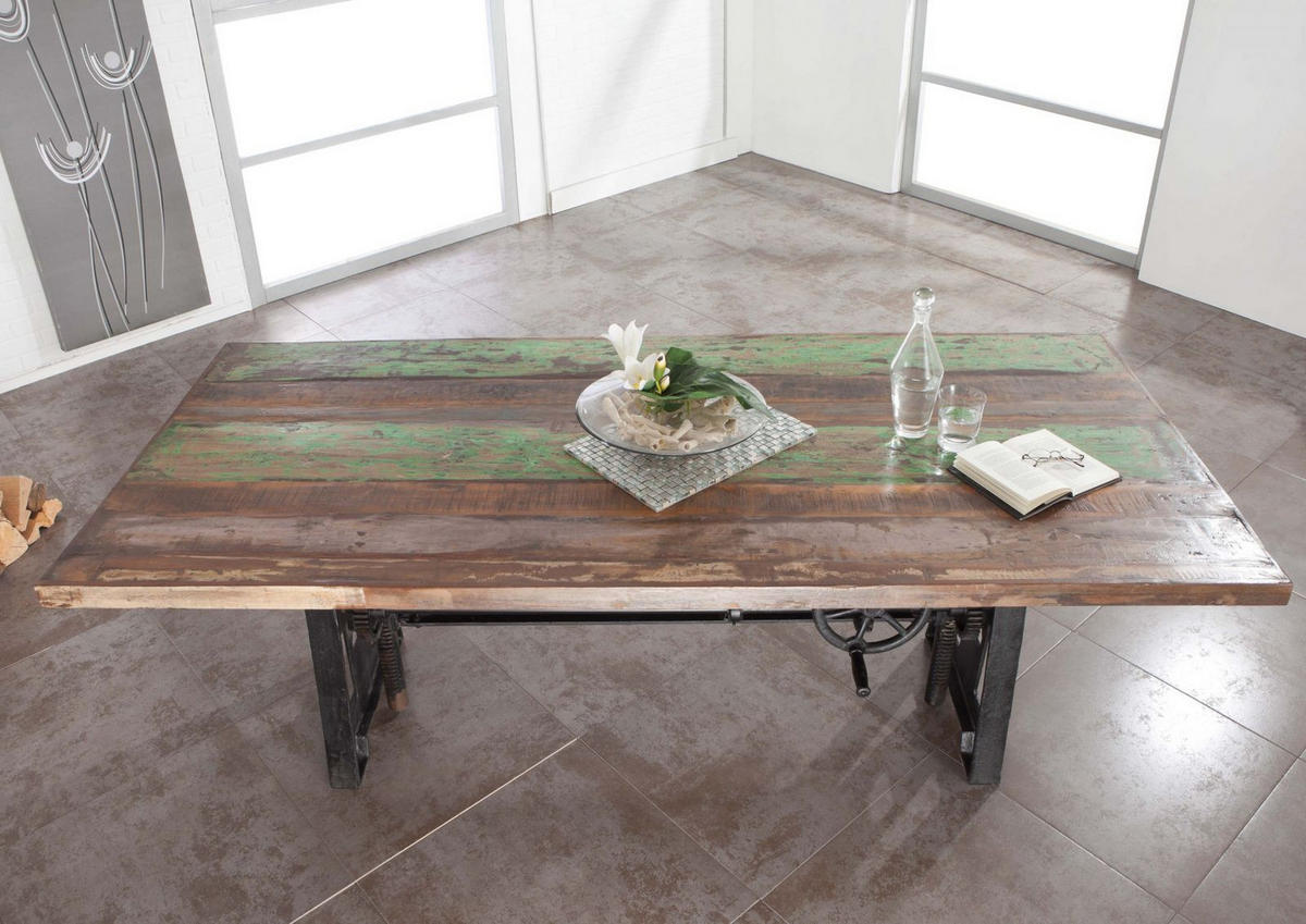 ESSTISCH Altholz höhenverstellbar 220x100x75-105 mehrfarbig lackiert INDUSTRIAL #24 - Multicolor, Holz (220/100/75cm) - Massivmoebel24
