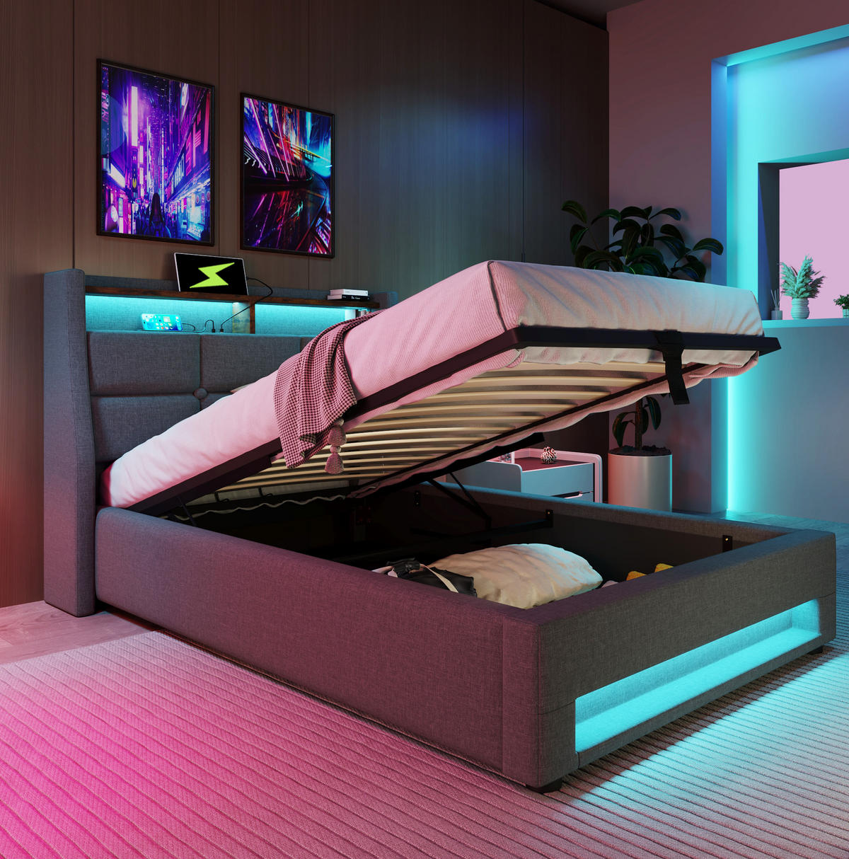 POLSTERBETT 90/200 cm Grau mit Bettkasten, LED und USB - Grau, Textil (90/200cm) - Flora Grace