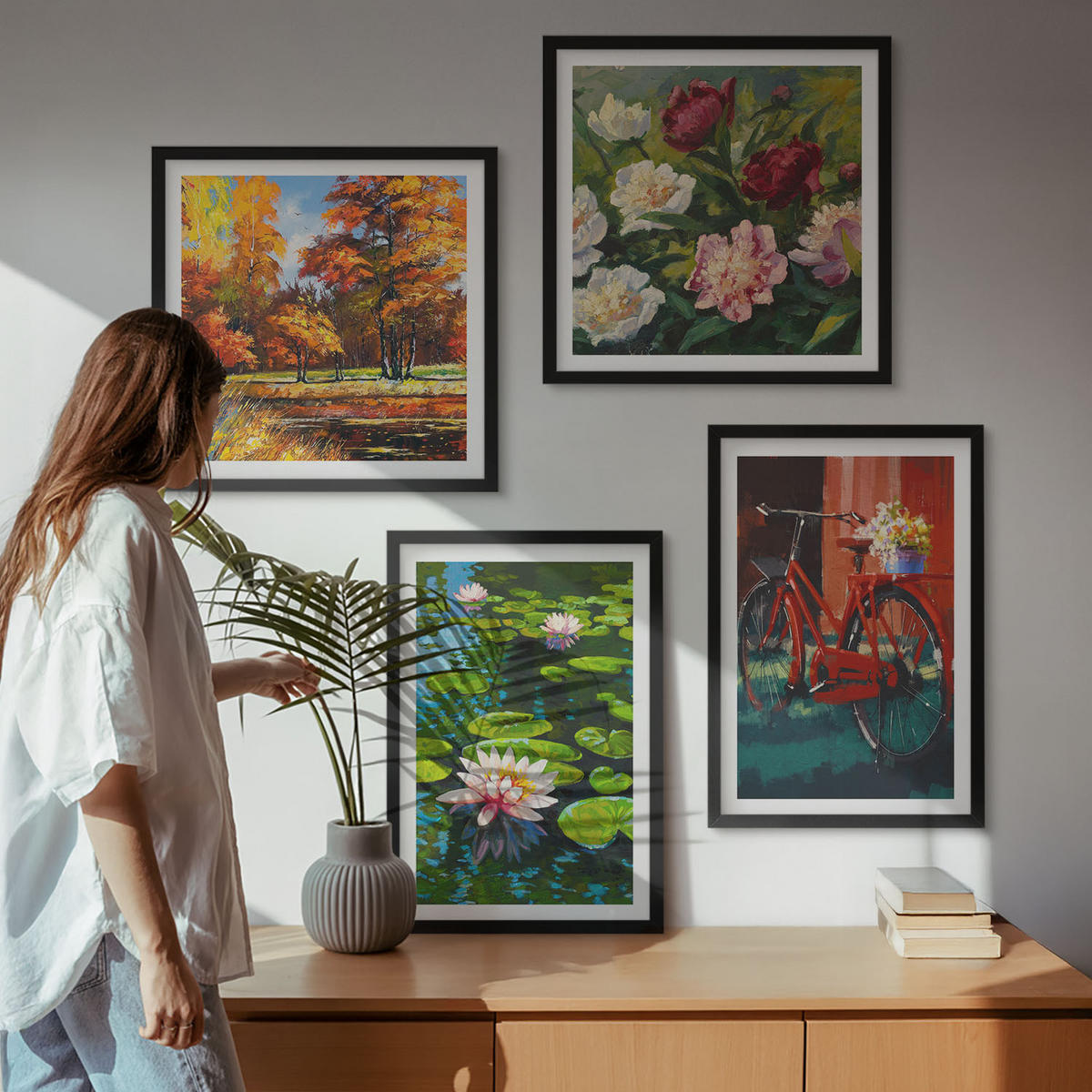 WANDBILDER 4er-Set - 50x50 cm & 40x60 cm Schwarzer Rahmen - Seerosen, Fahrradblumen - Schwarz, Kunststoff (50/50cm) - ArtPrintCave