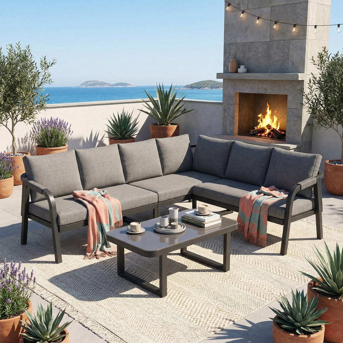 GARTENMÖBEL-SET 6 Personen Ecksofa Couchtisch Stahl Grau - Grau, Textil - FLIEKS
