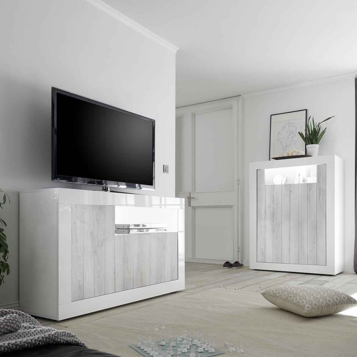 HIGHBOARD mit 2 Flügeltüren H144 cm - Urbino - Eiche Bianco, Holzwerkstoff (110/144/42cm) - Calicosy