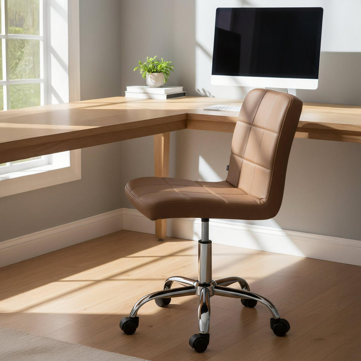 DREHSTUHL Lederlook Hellbraun - Chromfarben/Hellbraun, Textil/Metall (47/93/56cm) - CLP