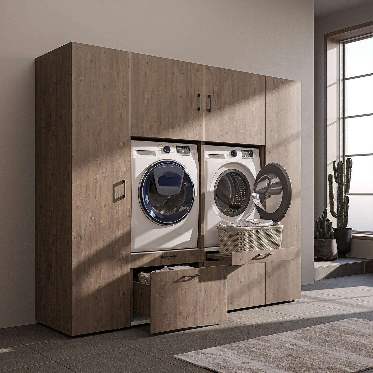 WASCHMASCHINENSCHRANK Serie 2 224cm Breit, 205cm Hoch - Eichefarben, Holzwerkstoff (224/205/67cm)