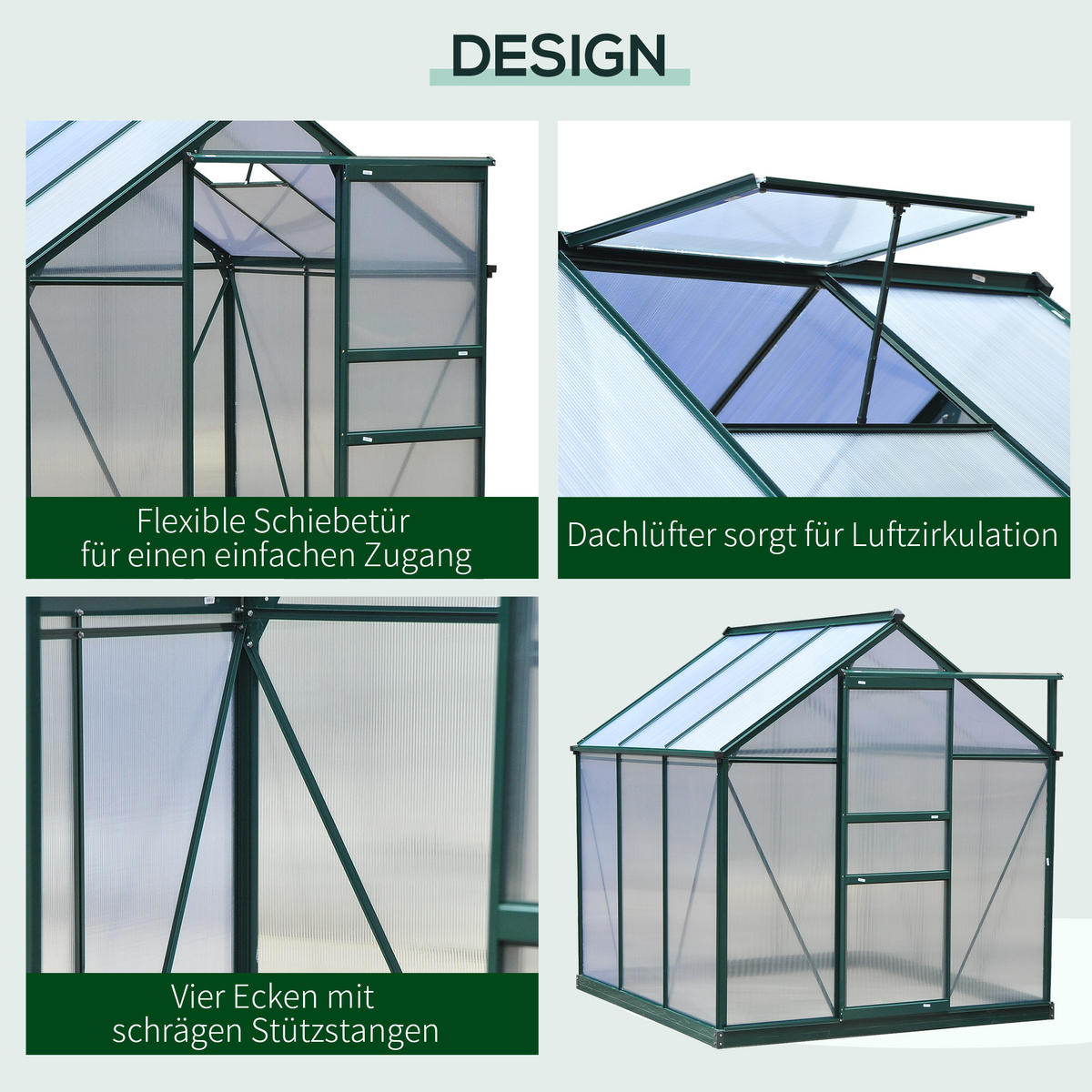 GEWÄCHSHAUS mit Dachfenster mit Tür mit Fundament, Alu+Polycarbonat, Grün+Transparent - Transparent/Grün, Kunststoff/Metall (192/201/190cm) - Outsunny