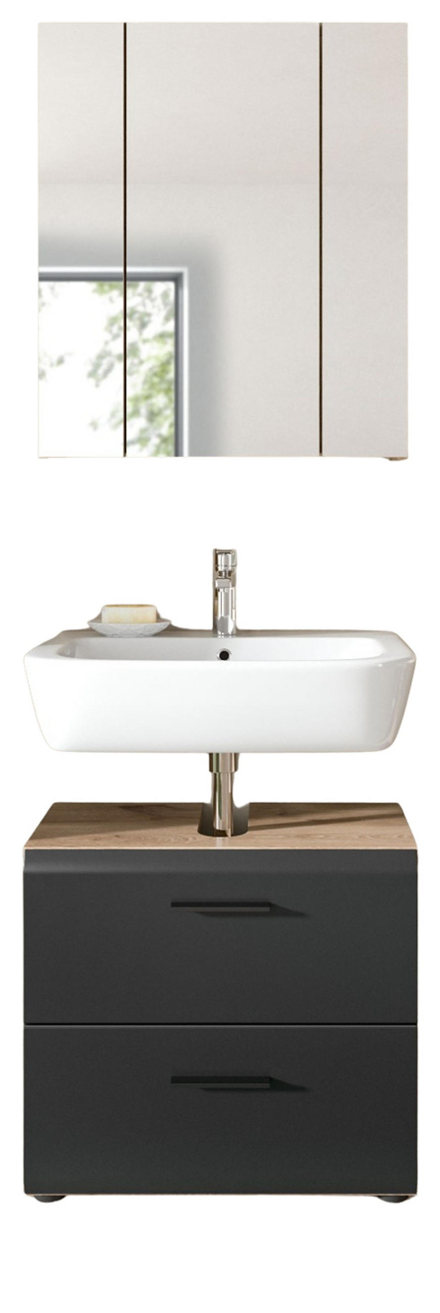 BADMÖBEL-SET 2-teilig schwarz matt und Eiche, Badezimmer mit Spiegelschrank, Vollauszug, Breite 60 cm - Eichefarben/Schwarz, Glas/Holzwerkstoff (60/185/30cm) - Inn.Furn