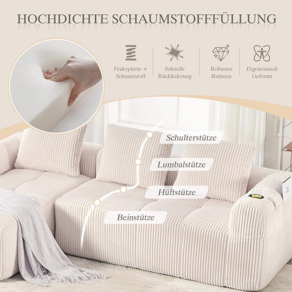 KOMPAKTSOFA Cord mit modularen Elementen und Becherhalter 253/158/61 cm Beige - Beige, Textil (158/253cm) - Redom