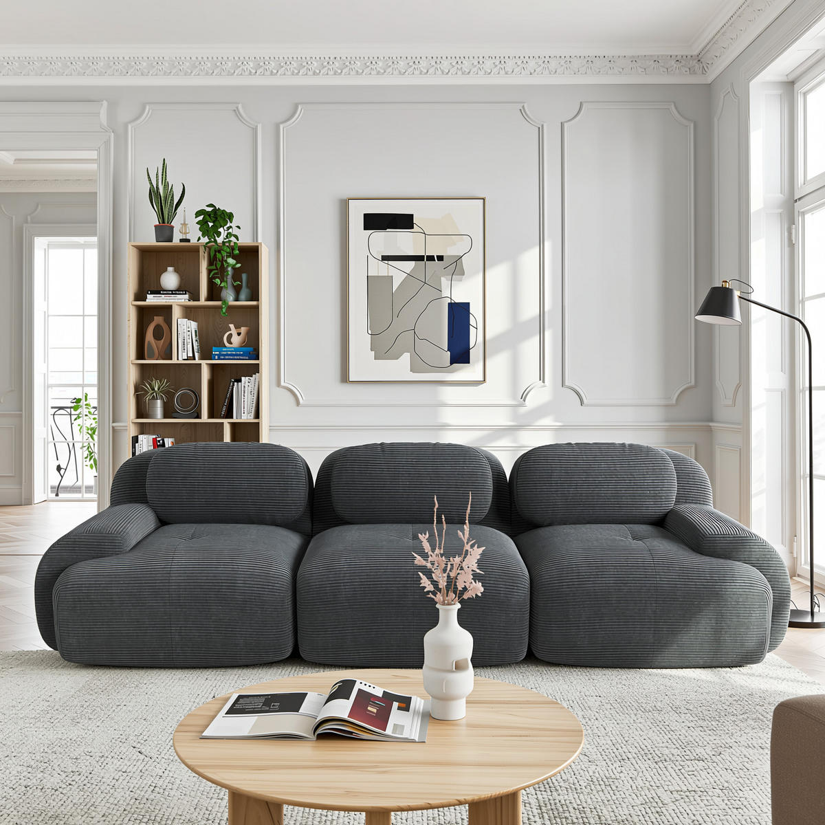 3-SITZER SOFA cordstoff grau mit rahmenlosem design & rutschfester basis - Grau, Textil (298/75/103cm) - Urban Meuble