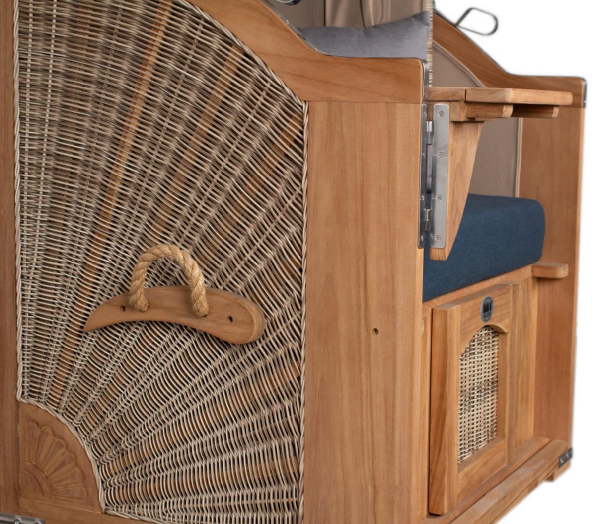 STRANDKORB Düne 1 Sitzer Teak PE Shell - Blau/Braun, Holz/Textil (96/165/80cm) - Mr. Deko