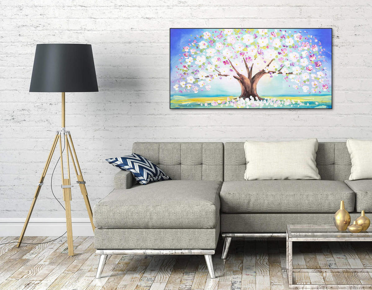 ACRYLBILD HANDGEMALT 120/60 cm - Blau/Pink, Holz/Textil (1.8/60cm) - KUNSTLOFT