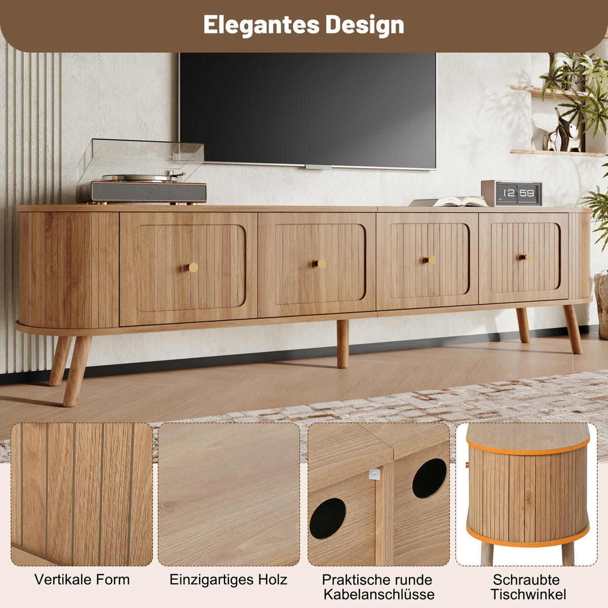 TV-SCHRANK 180cm 4 Türen Goldgriffe Holzbeine modern - Eichefarben, Holzwerkstoff (38/47/180cm) - FLIEKS