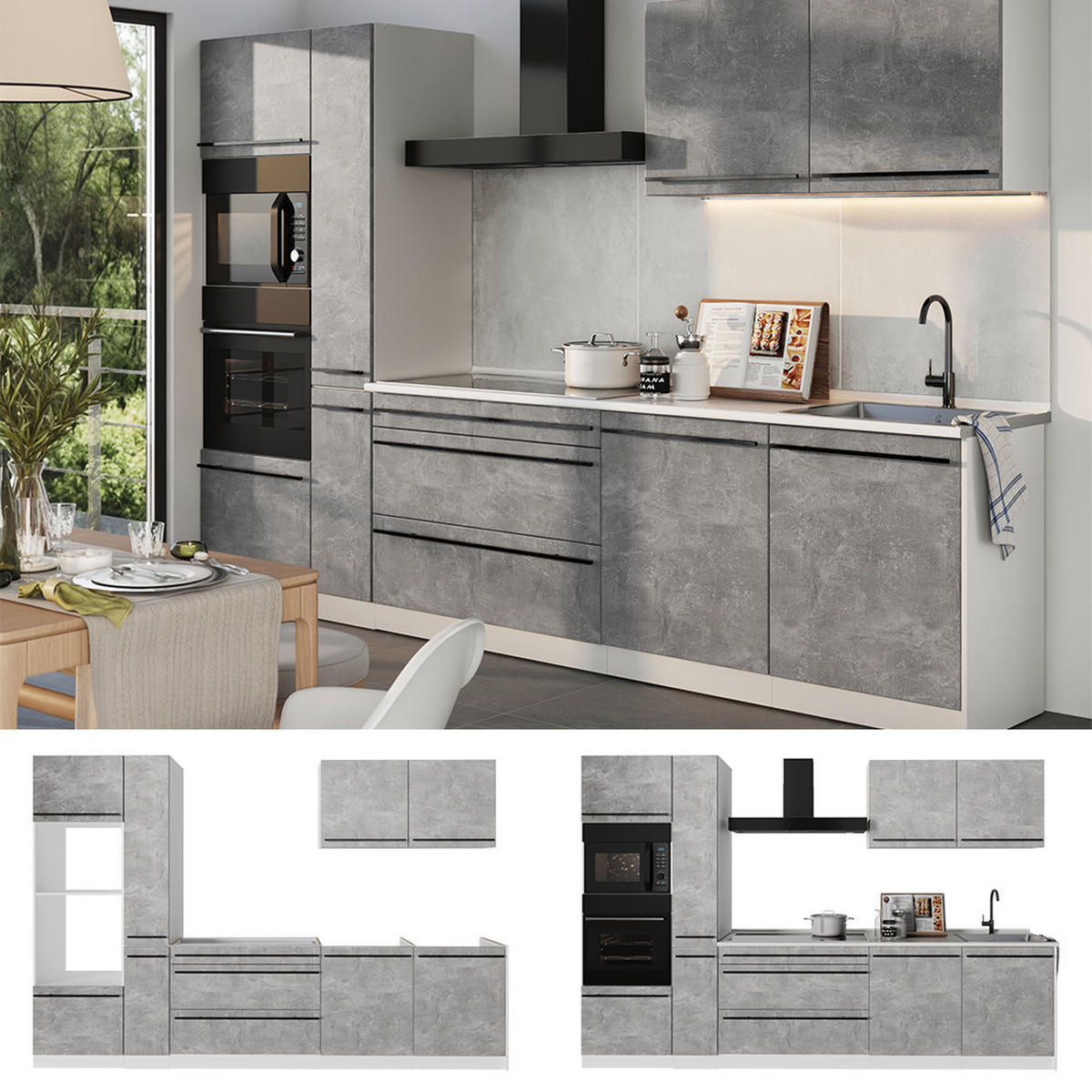 KUCHYŇSKÝ KOUT R-Line, Beton/Bílá, 310 cm pracovná doska Dub Goldkraft - šedá/bílá, kompozitní dřevo (310/206.8/60cm) - Vicco
