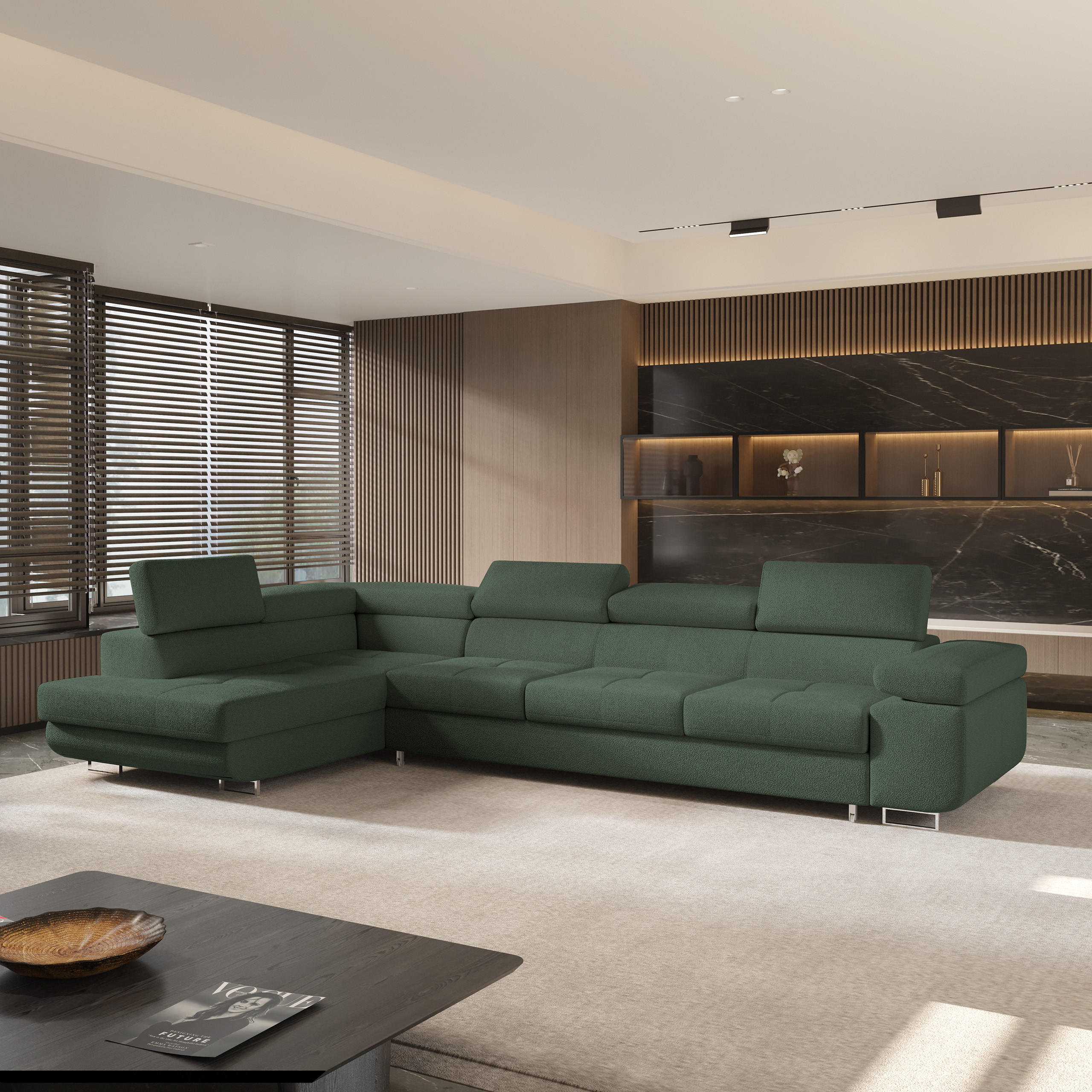 ECKSOFA VICENTE Grün Boucle-Stoff mit Schlaffunktion - Grün, Holz (346/202cm) - MASSENO