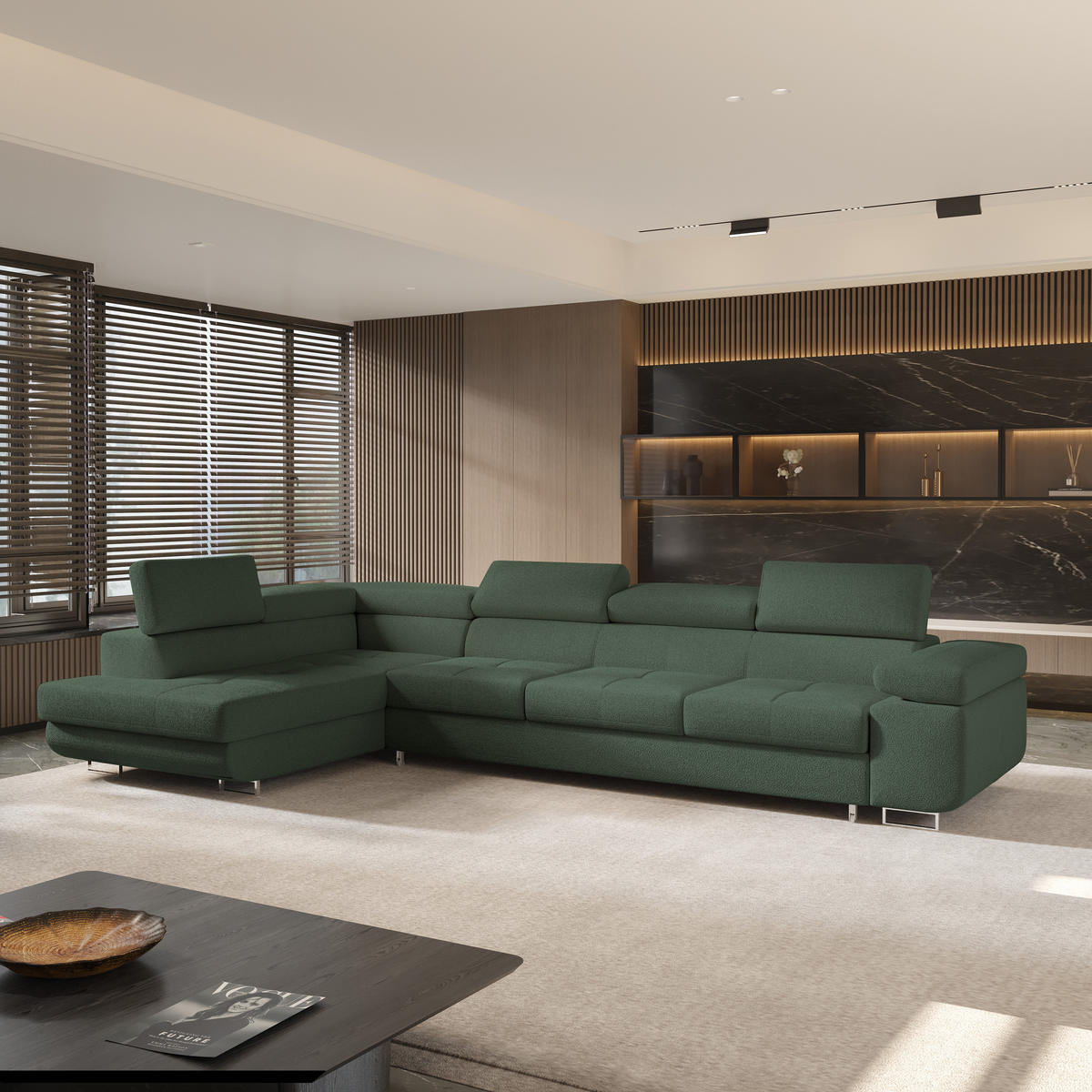 ECKSOFA VICENTE Grün Boucle-Stoff mit Schlaffunktion - Grün, Holz (346/202cm) - MASSENO