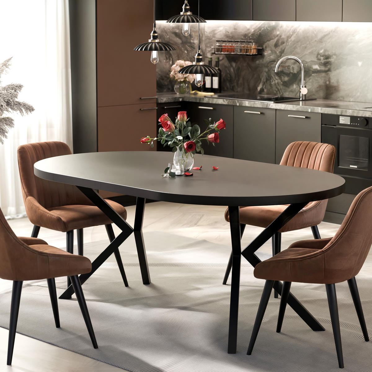 AUSZIEHTISCH MILTON 120-196/76 cm mit Metallgestell, Schwarz / Schwarz Molet - Schwarz, Holzwerkstoff/Metall (120/120/76cm) - Idohome