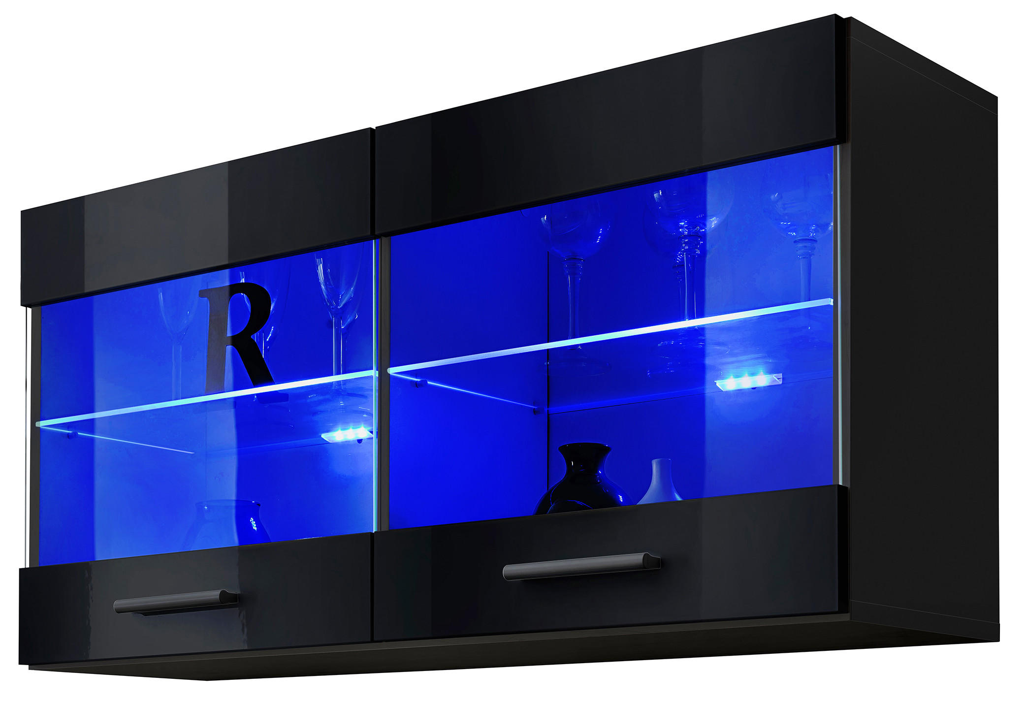 HÄNGEVITRINE SAVONA, Schwarz, LED Blau - Schwarz, Glas/Holzwerkstoff (100/50/27.2cm) - Komodee