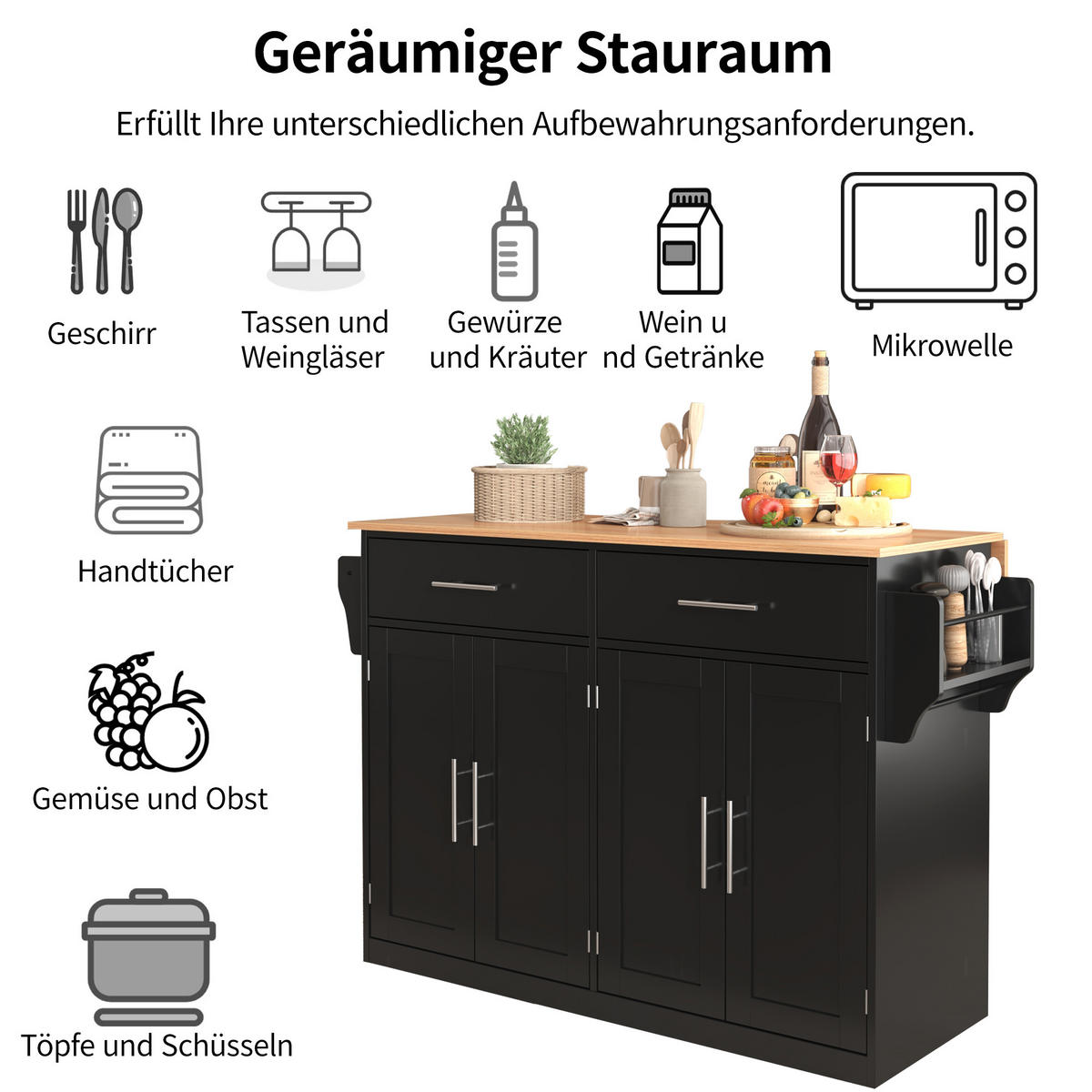 KÜCHENINSEL 120x70x91.5cm Schwarz mit Falttisch,Doppeltüren & Rollen/Füßen - Schwarz, Holzwerkstoff (120/91.5/71cm) - Modfu