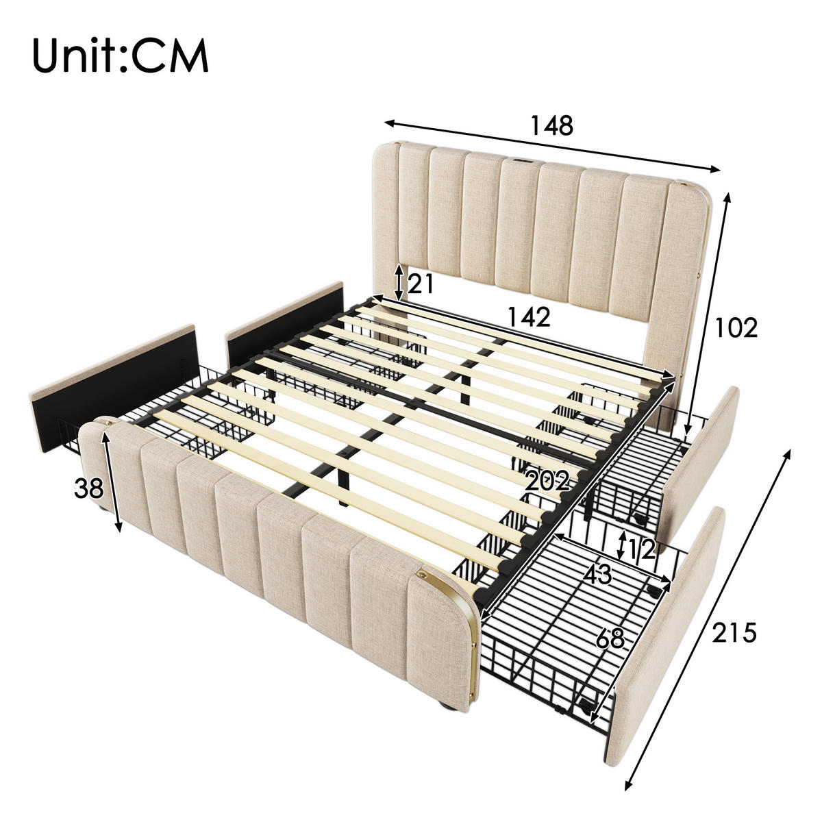 POLSTERBETT 140/200 cm Beige mit USB-Typ-C-Anschluss und 4 Schubladen - Beige, Textil (140/200cm) - OKWISH